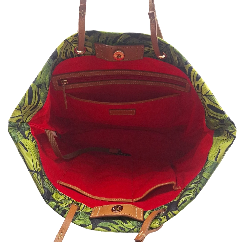Dooney & Bourke Green Tropical Leaf Canvas Tote with Tan Leather Straps - Picture 9 of 11